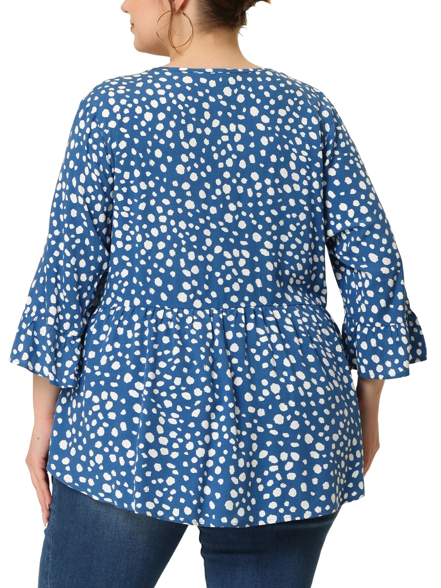Women'S plus Size Tops Polka Dots V Neck 3/4 Sleeves Peplum Hem Babydoll Blouses 3X Blue