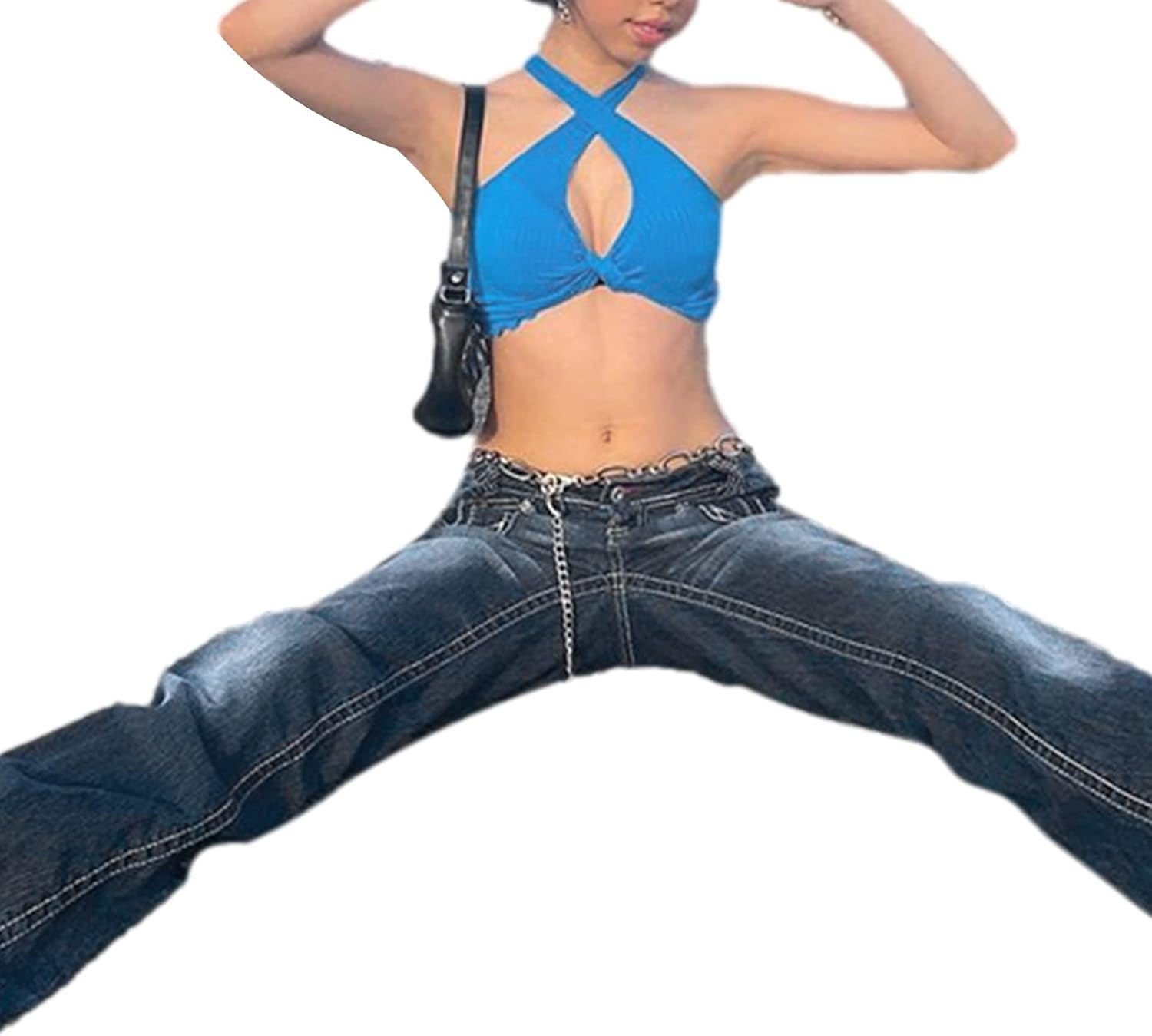 Women Fashion Denim Pants High Waist Straight Leg Baggy E-Girls Boyfriend Jeans Trousers Streetwear(Blue-34,Medium)