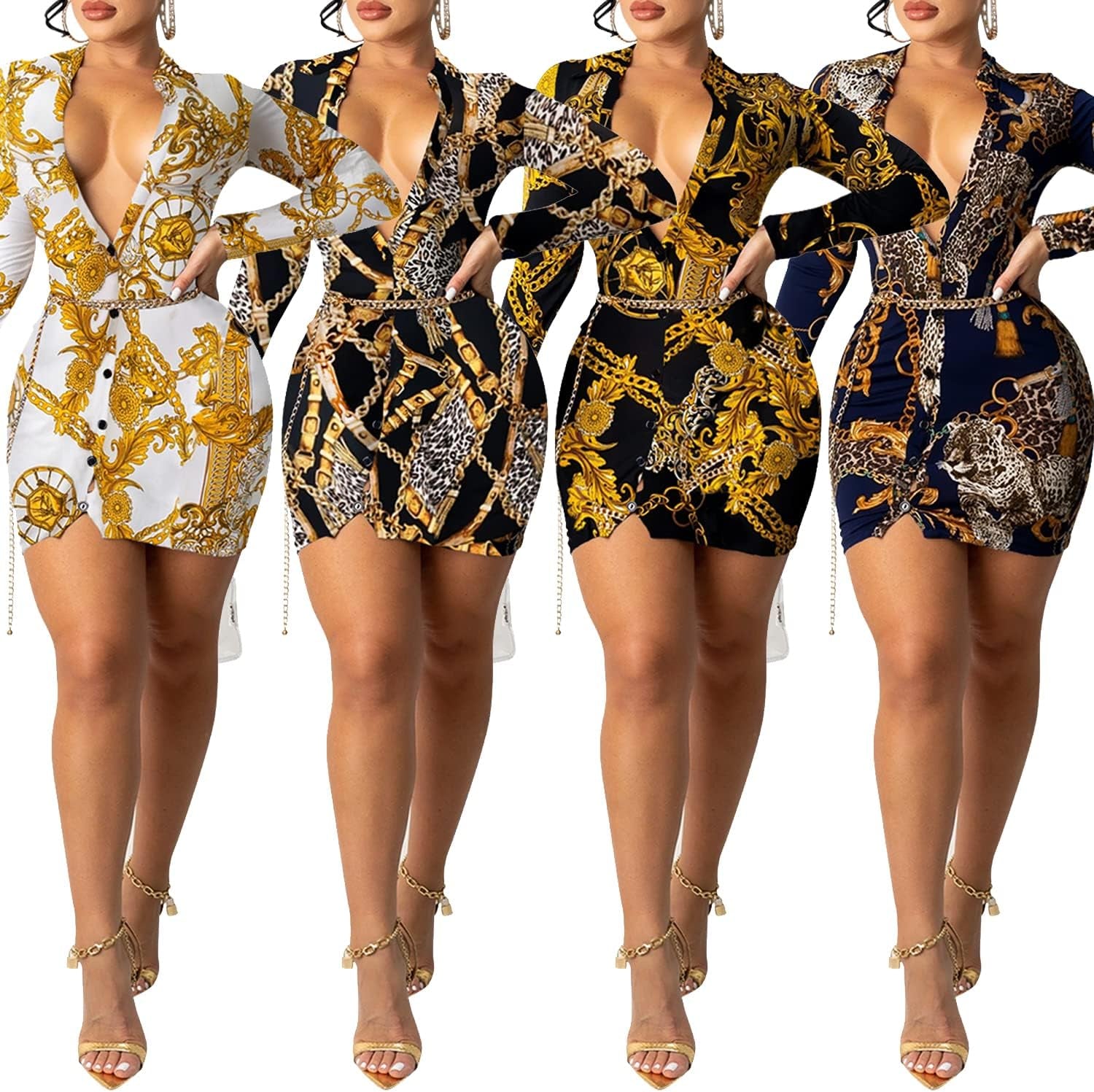 Womens Sexy Deep V Neck Long Sleeve Bodycon Printing Midi Party Cocktail Dress(5299-Blue-M)