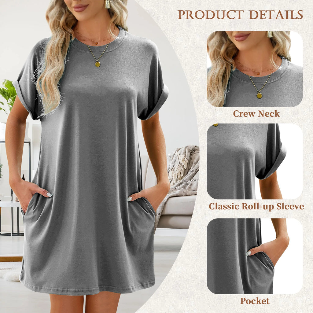 Women’S Summer Short Sleeve T-Shirt Dress Casual Loose Slit Beach Mini Dress Tunic Tops Womens Clothes Solid Color Lightgray plus Size XXL