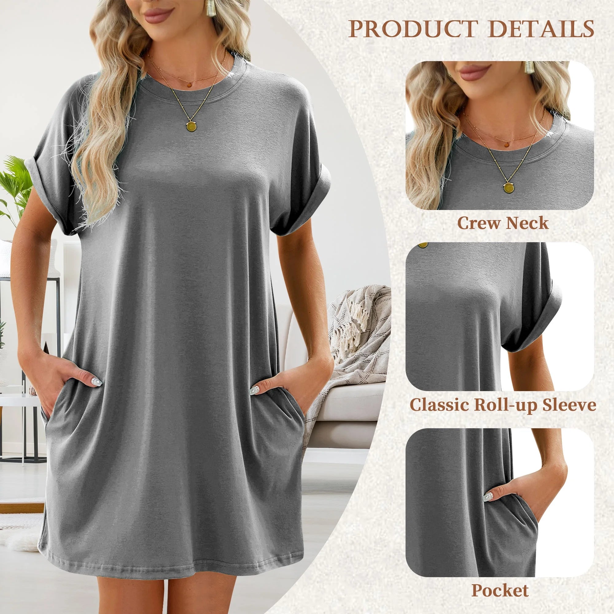 Women’S Summer Short Sleeve T-Shirt Dress Casual Loose Slit Beach Mini Dress Tunic Tops Womens Clothes Solid Color Lightgray plus Size XXL