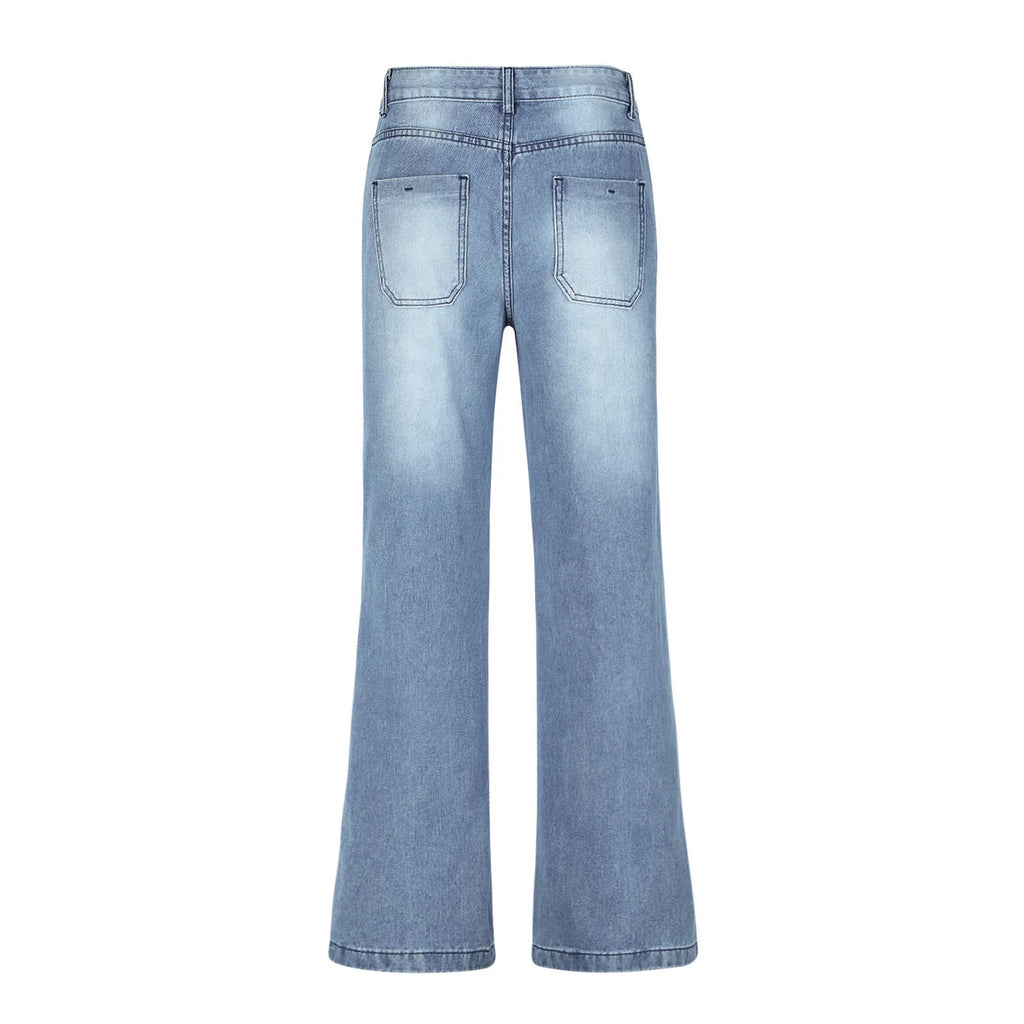 Women'S Fashion Jeans High Waisted Wide Leg Jeans Summer Casual Straight Baggy Jeans Color Block Patch Denim Trousers Dark Blue,L