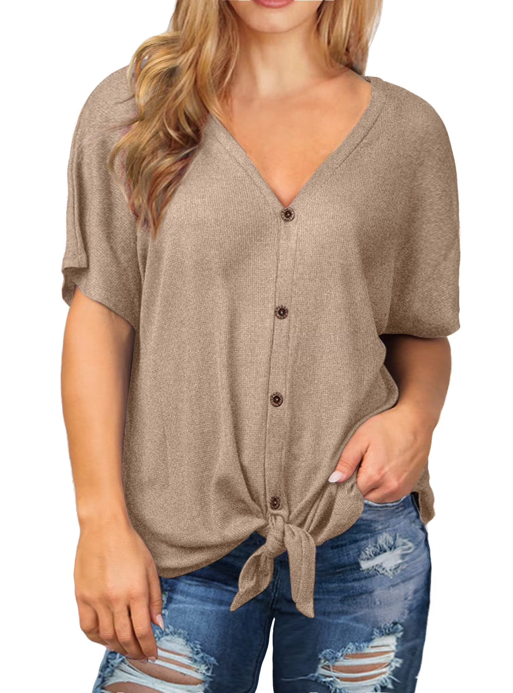 Womens plus Size Tops Short Sleeve V Neck Waffle Knit Tunic Blouse Tie Front Button up T Shirts