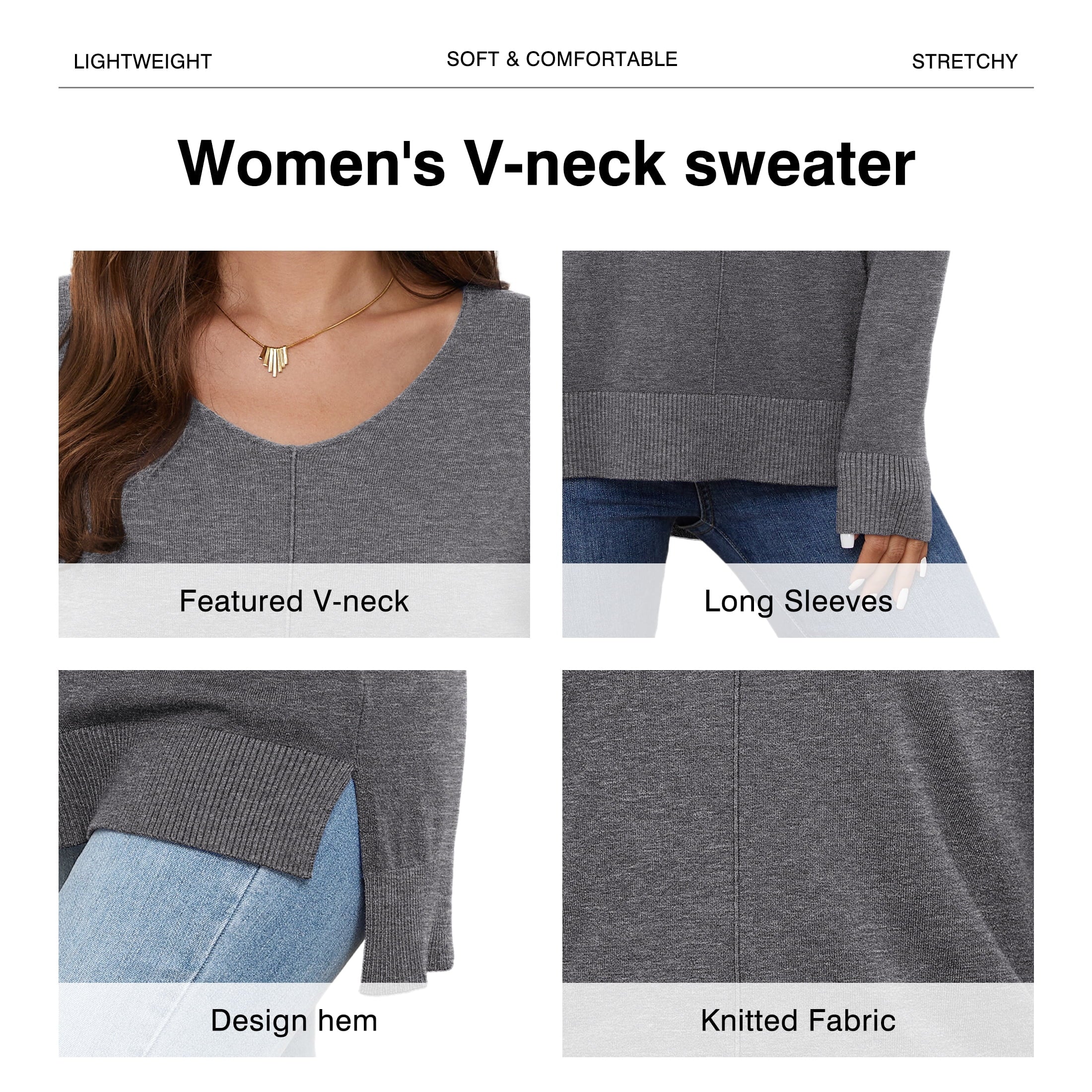 V Neck Sweaters for Women Lightweight Knit Pullover Sweater,Us Size S-2XL in Gray