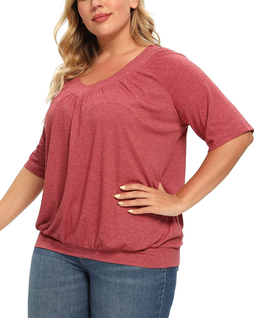 Women'S plus Size Tops Pleated V Neck Loose Baggy Blouse T Shirts