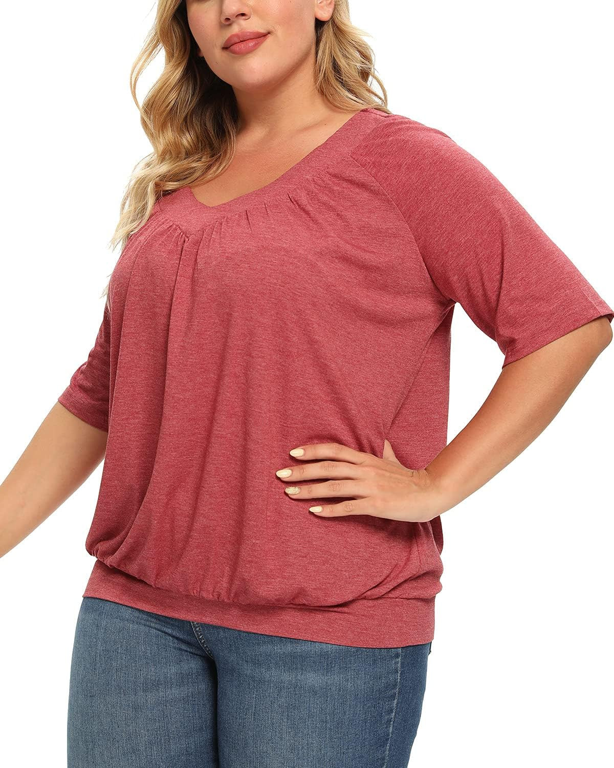 Women'S plus Size Tops Pleated V Neck Loose Baggy Blouse T Shirts