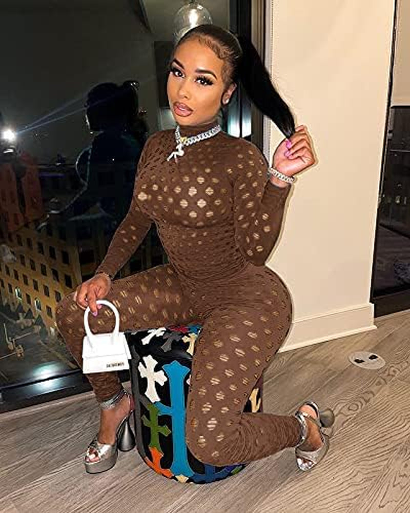 Sexy Bodycon Jumpsuits See through Mesh Lace Hollow Out One Piece Club Outfits Clubwear Coffee Small