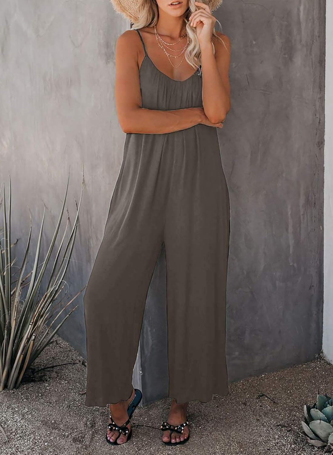 Womens plus Size Sleeveless V Neck Adjustable Spaghetti Strap Long Romper Jumpsuits with Pockets,Xxx-Large Gray