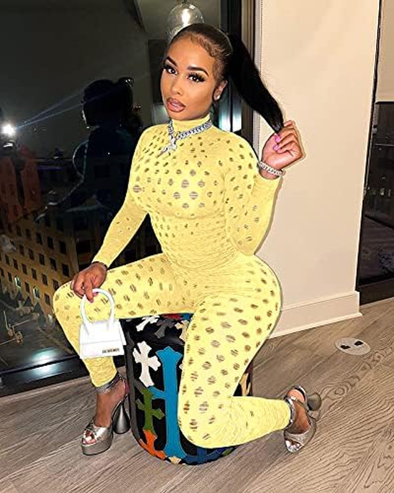 Jumpsuits for Women Elegant Long Sleeve Hollow Out Jumper One Piece Club Outfits Yellow 2XL