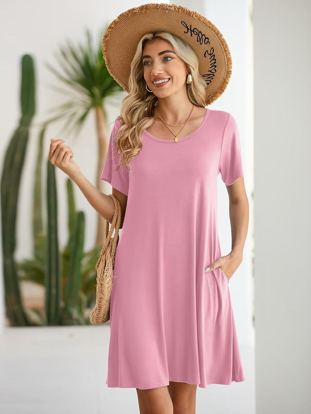 Womens Summer Casual T Shirt Dress Loose Swing Tunic Dress Short Sleeve Sundress with Pockets