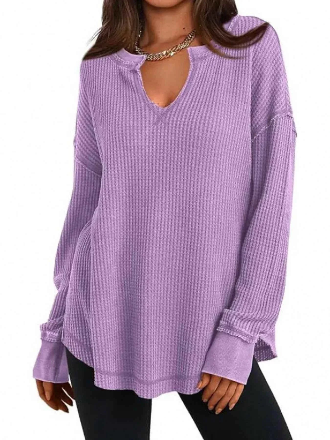 Slit Notched Long Sleeve T-Shirt