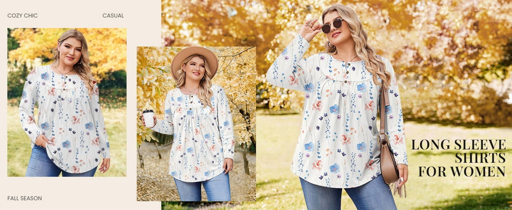 plus Size Womens Blouses Long Sleeve Floral Tunic Tops Henley Neck Flowy Fall Shirts
