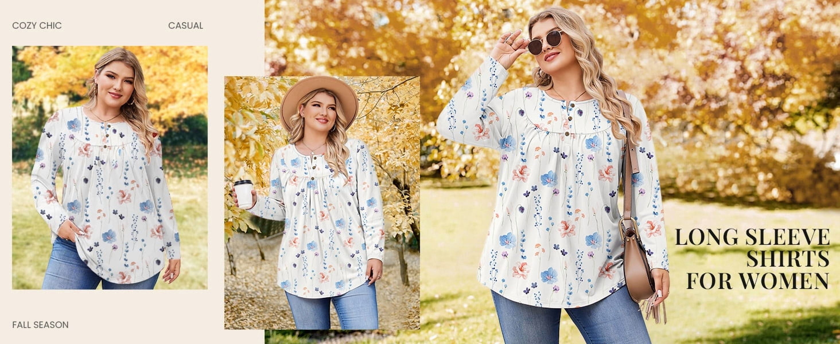 plus Size Womens Blouses Long Sleeve Floral Tunic Tops Henley Neck Flowy Fall Shirts