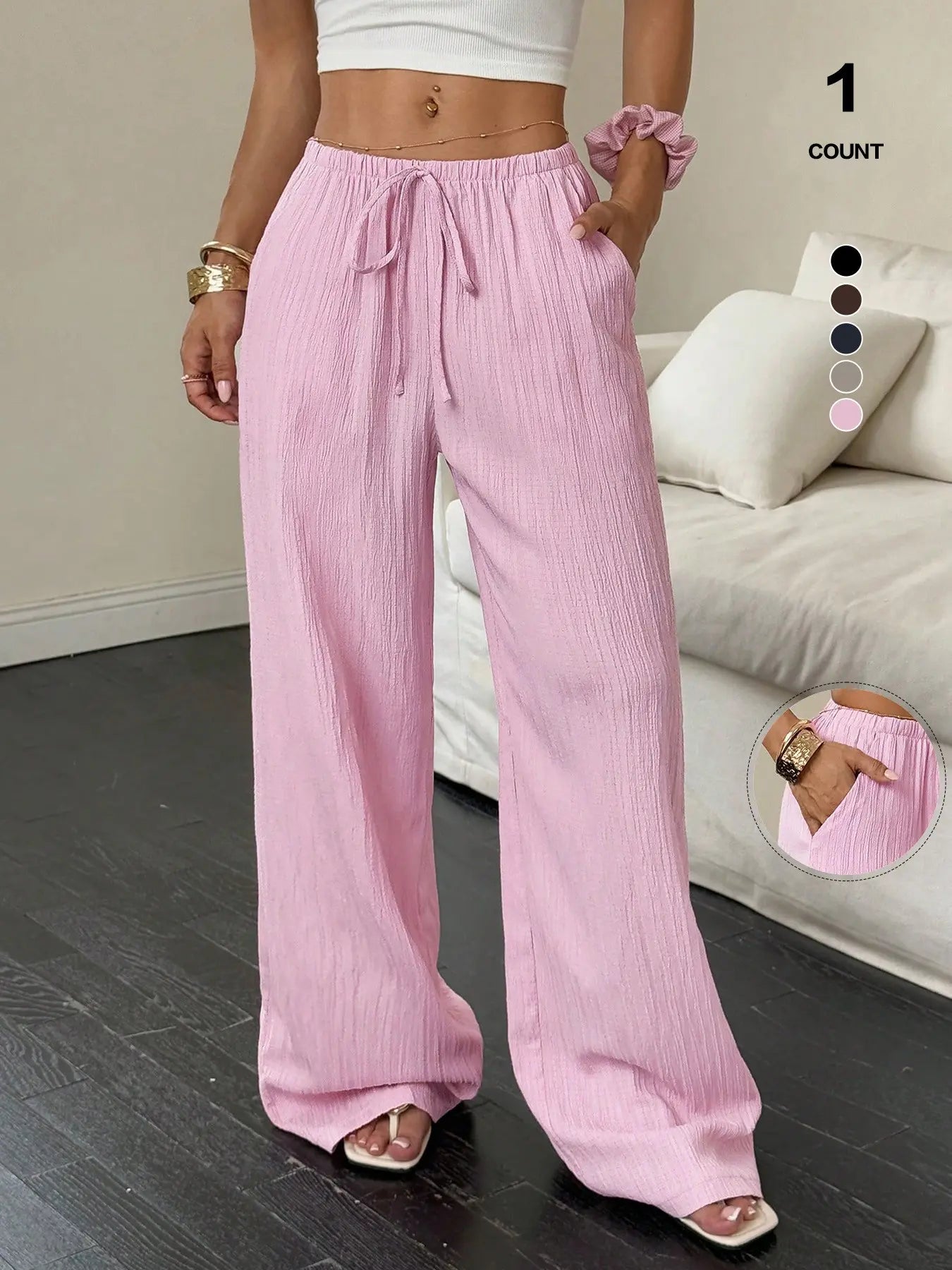 Women'S Wide Leg Pants, High Waisted Drawstring Palazzo Pants, Lightweight Textured Trousers with Pockets, Casual Lounge Beach Vacation