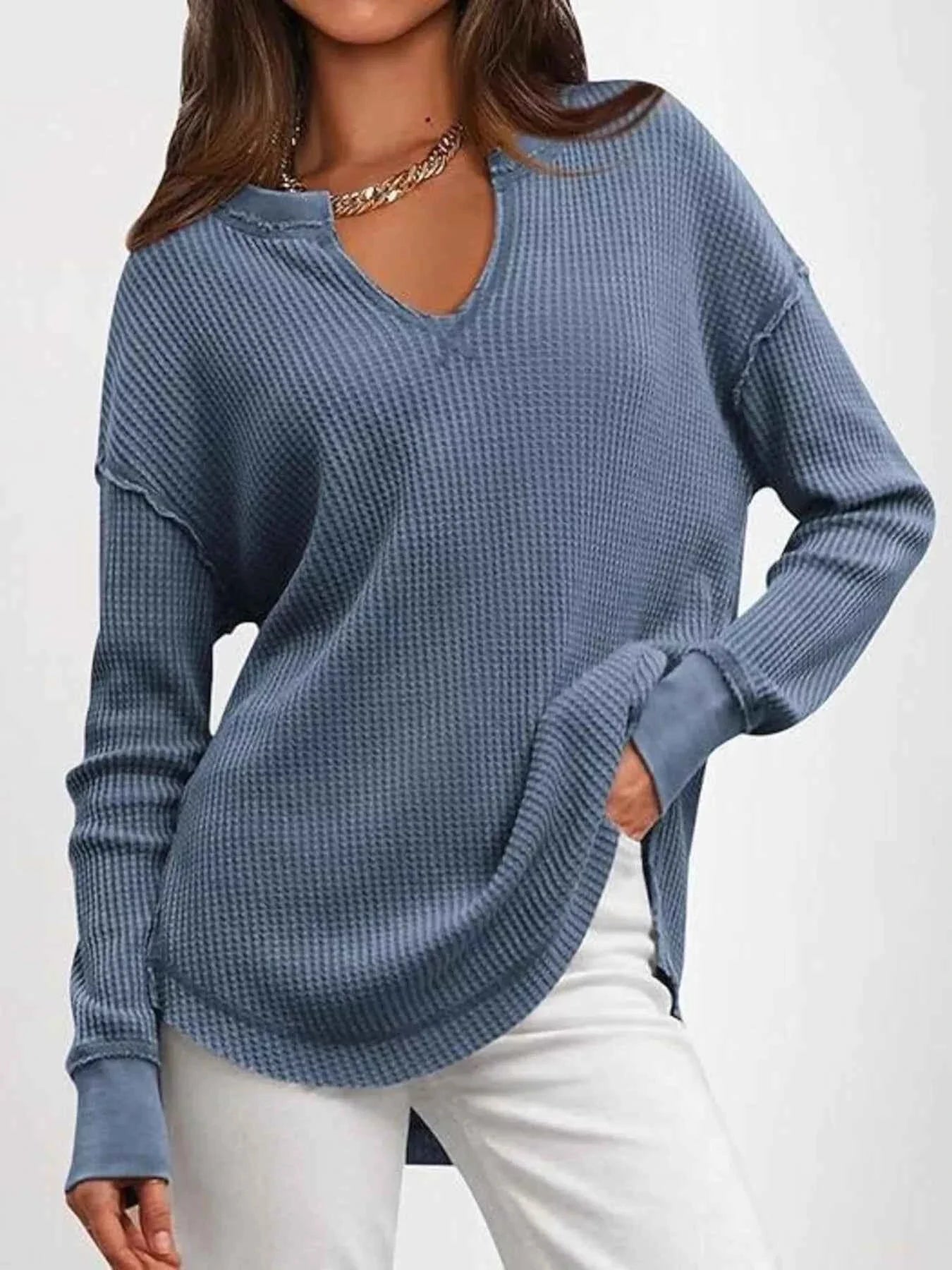 Slit Notched Long Sleeve T-Shirt