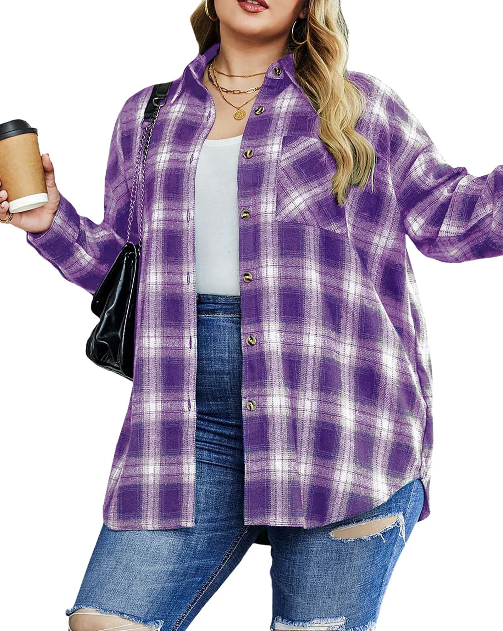 plus Size Flannel Plaid Shirts for Women Long Sleeve Button down Shirts Casual Loose Blouses Tops