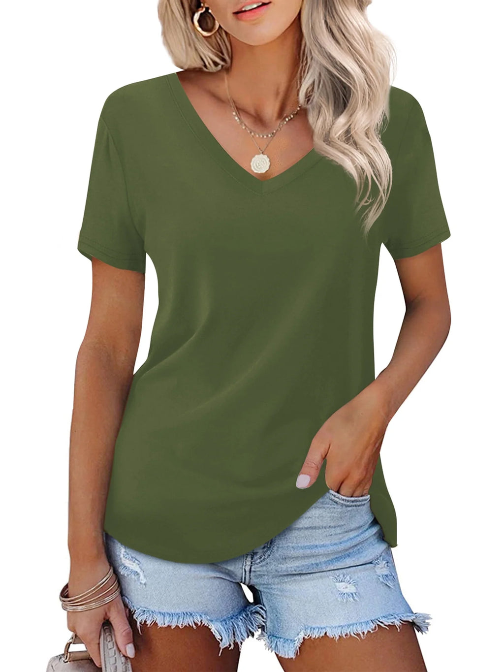 Women plus Size T Shirts V Neck Loose Fit Basic Tops, Army Green 5XL