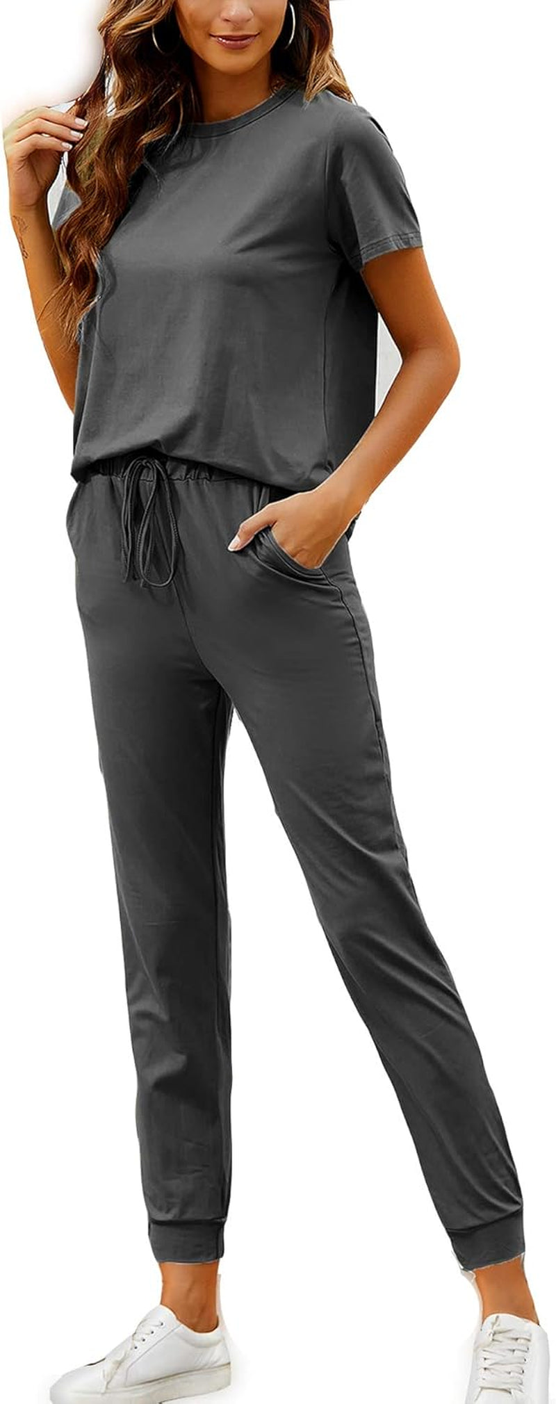 Lounge Sets for Women 2 Piece Short Sleeve Crewneck Jogger Pants Matching Loungewear Sweatsuit Outfits Set (Dark Grey-04, Medium)