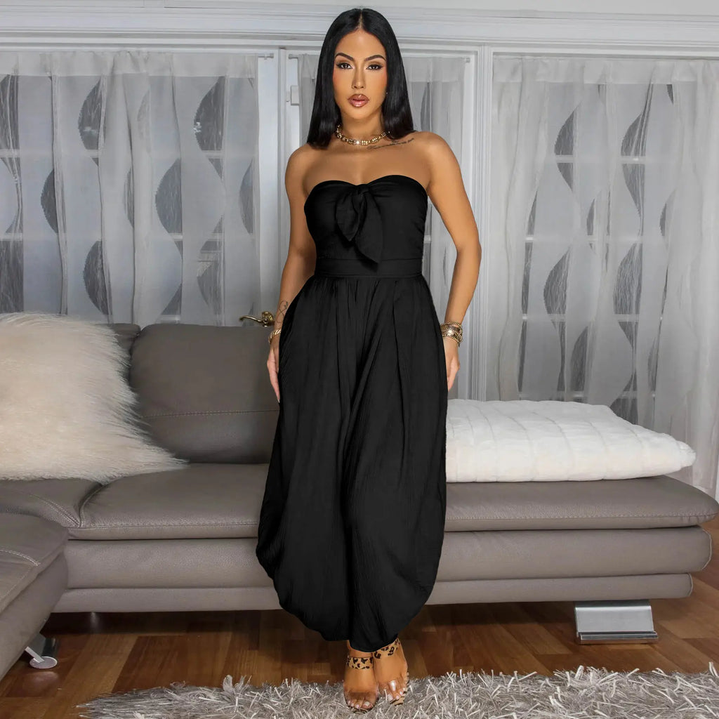 Echoine Strapless Tube Top Jumpsuit Women'S Backless Smocked Waist Harem Pants One Piece Overalls with Side Pockets Fashionable Summer Beach Wear Solid Color