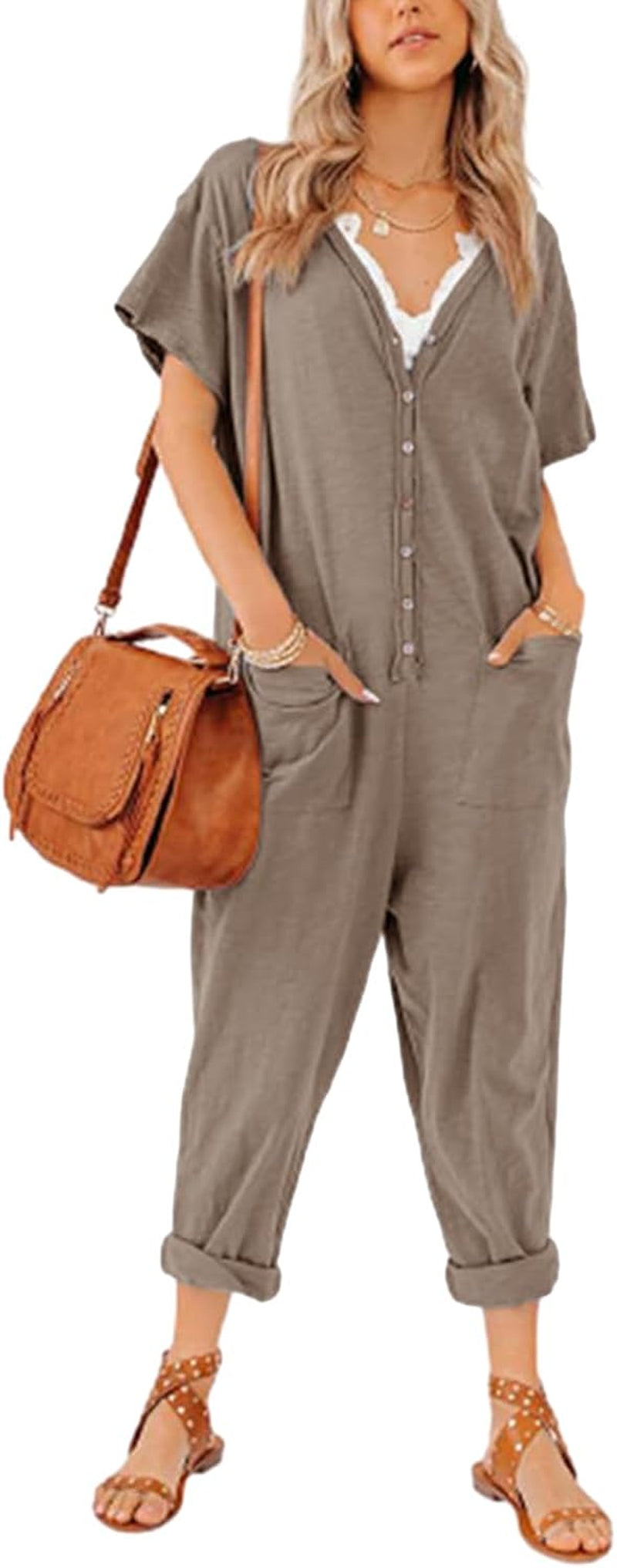 Oversize Women'S One Piece Button up Jumpsuit Casual Loose Short Sleeve V Neck Long Pants Rompers