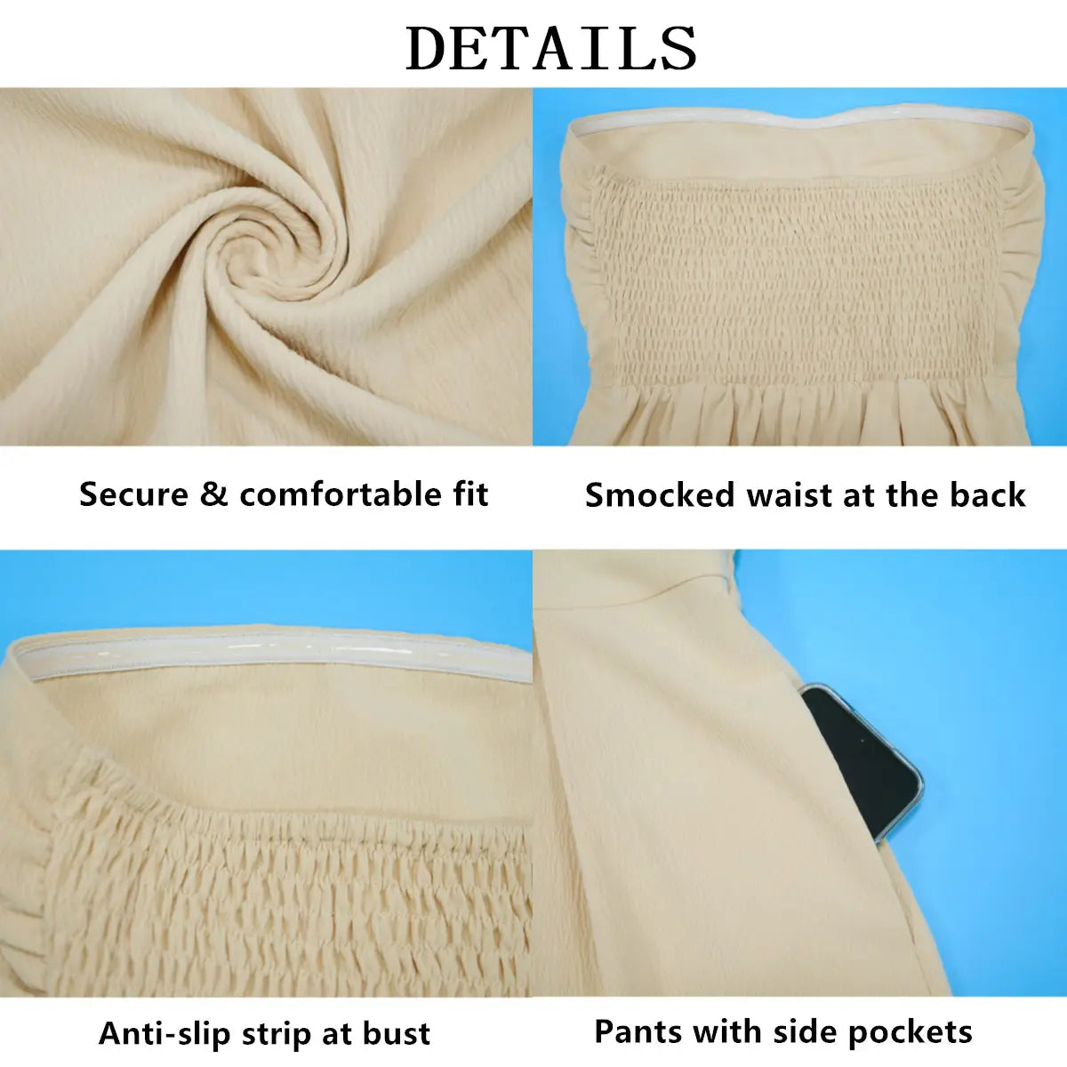 Echoine Strapless Tube Top Jumpsuit Women'S Backless Smocked Waist Harem Pants One Piece Overalls with Side Pockets Fashionable Summer Beach Wear Solid Color