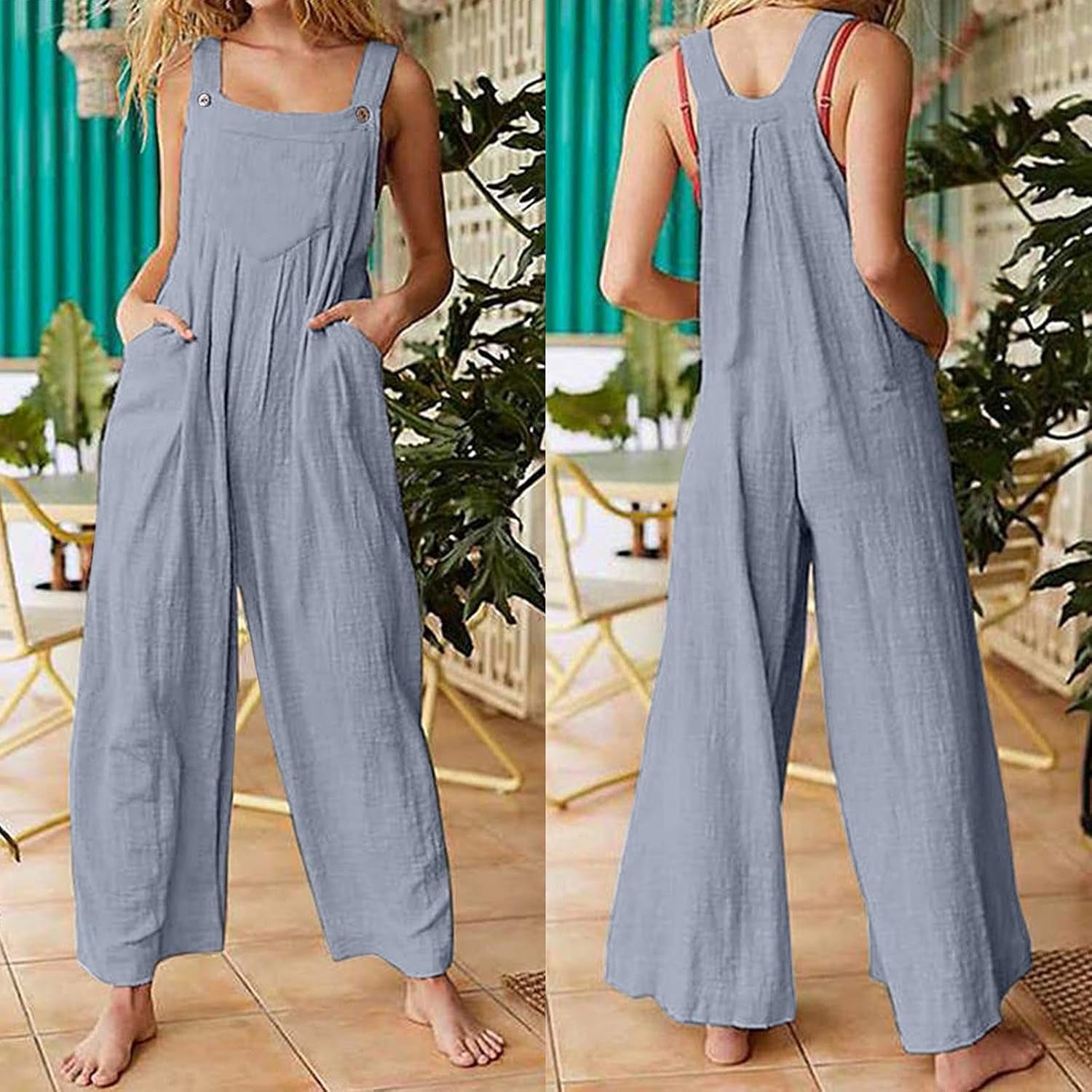 Women'S Linen Bib Overall Romper Wide Leg Rompers Plain Jumpsuit Overall Rompers with Pockets Adjustable Buttons Romper