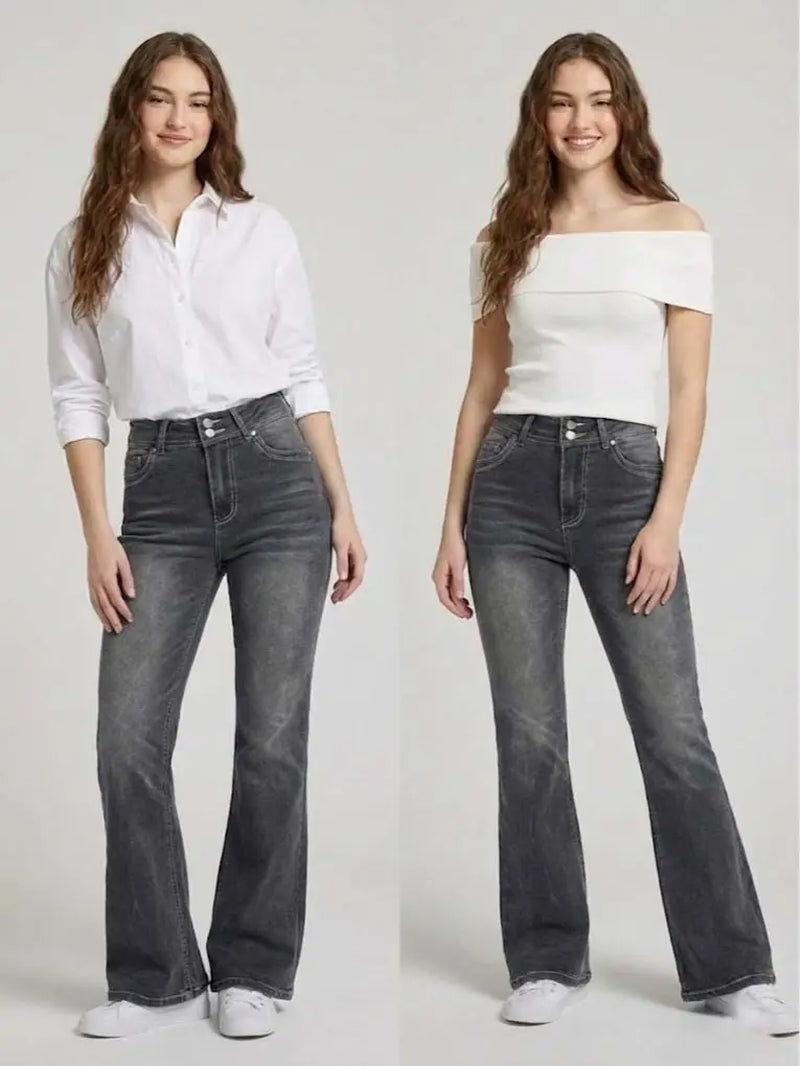 70562-Women'S High Rise Bootcut Jeans, Double-Button Denim Pants for Comfortable Style, Distressed Back Pocket Slim Fit