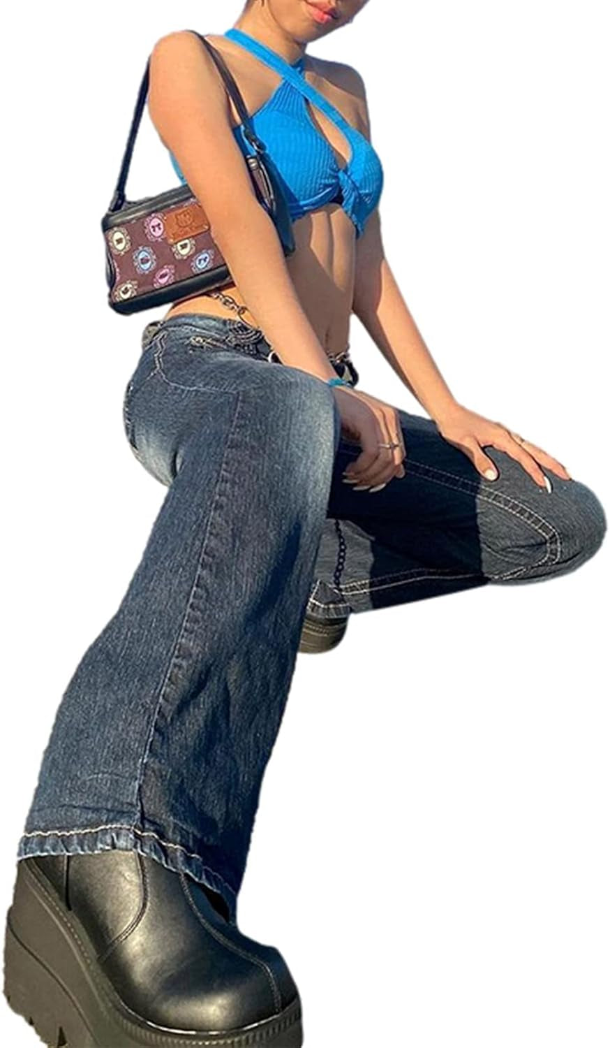 Women Fashion Denim Pants High Waist Straight Leg Baggy E-Girls Boyfriend Jeans Trousers Streetwear(Blue-34,Medium)