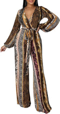 Women'S Sexy Floral Print Elegant One Piece Clubwear Deep V Neck Long Sleeve Casual Jumpsuits