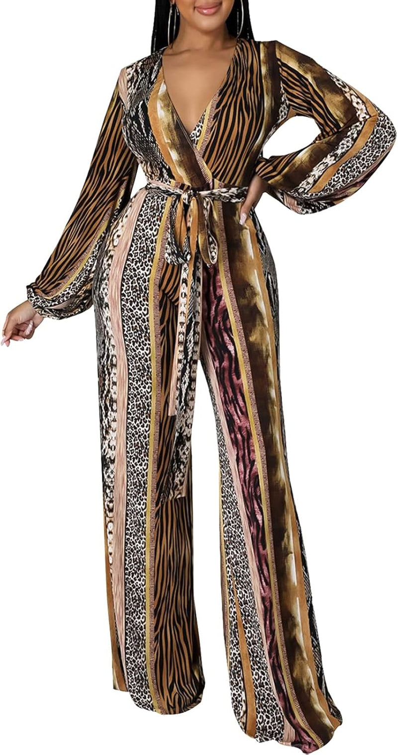 Women'S Sexy Floral Print Elegant One Piece Clubwear Deep V Neck Long Sleeve Casual Jumpsuits