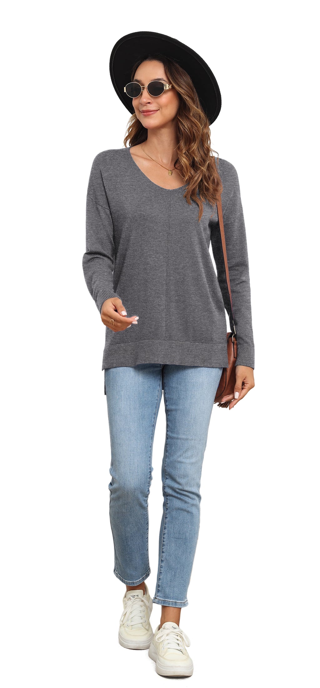 V Neck Sweaters for Women Lightweight Knit Pullover Sweater,Us Size S-2XL in Gray