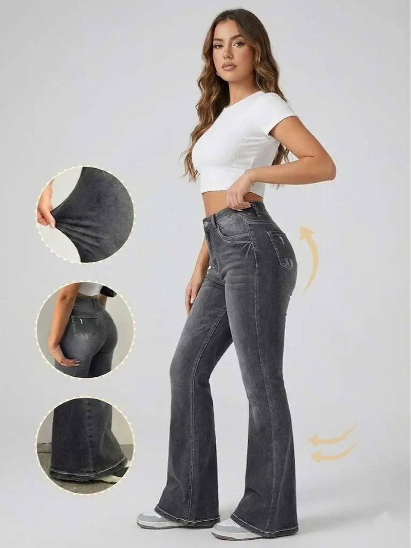 70562-Women'S High Rise Bootcut Jeans, Double-Button Denim Pants for Comfortable Style, Distressed Back Pocket Slim Fit