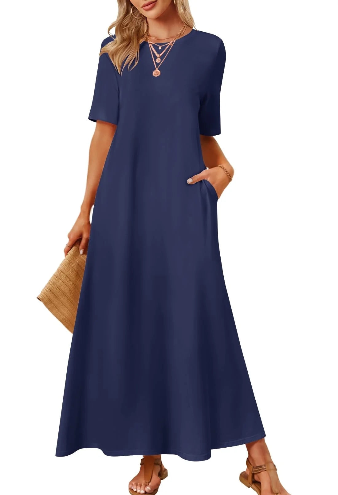 Women'S 2025 Short Sleeve Casual Summer Basic Long Maxi Dresses with Pockets(Navy-Xl)