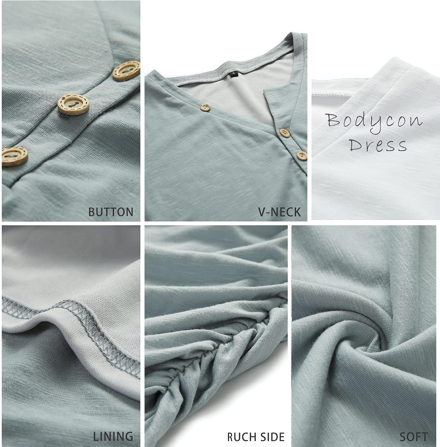 Women’S Summer Casual V Neck Short Sleeve Ruched Bodycon T Shirt Short Mini Dresses with Buttons (Grey Blue, Medium)