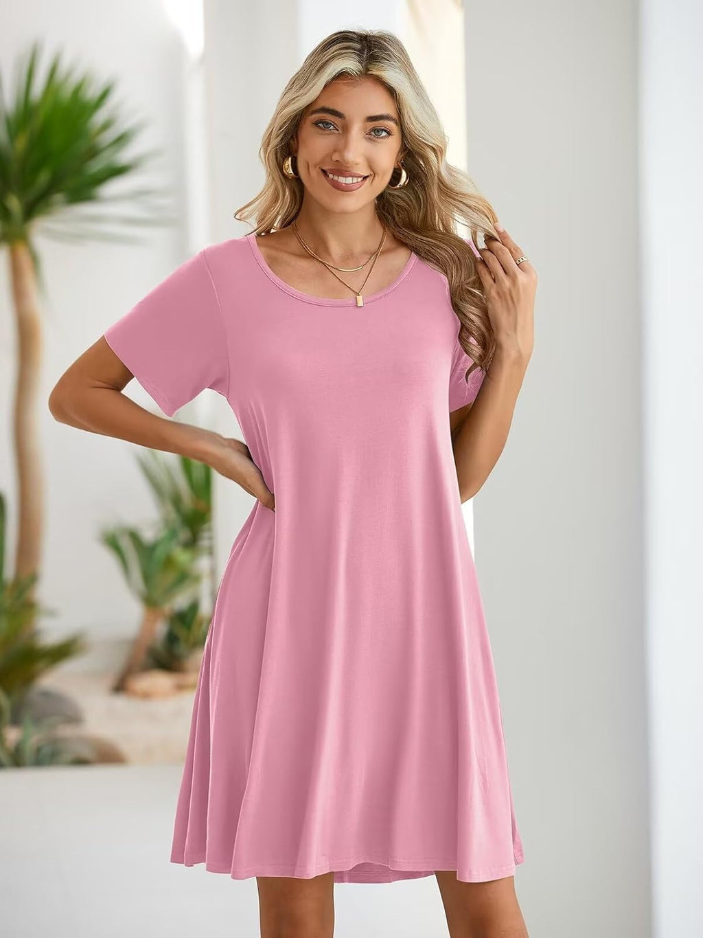 Womens Summer Casual T Shirt Dress Loose Swing Tunic Dress Short Sleeve Sundress with Pockets