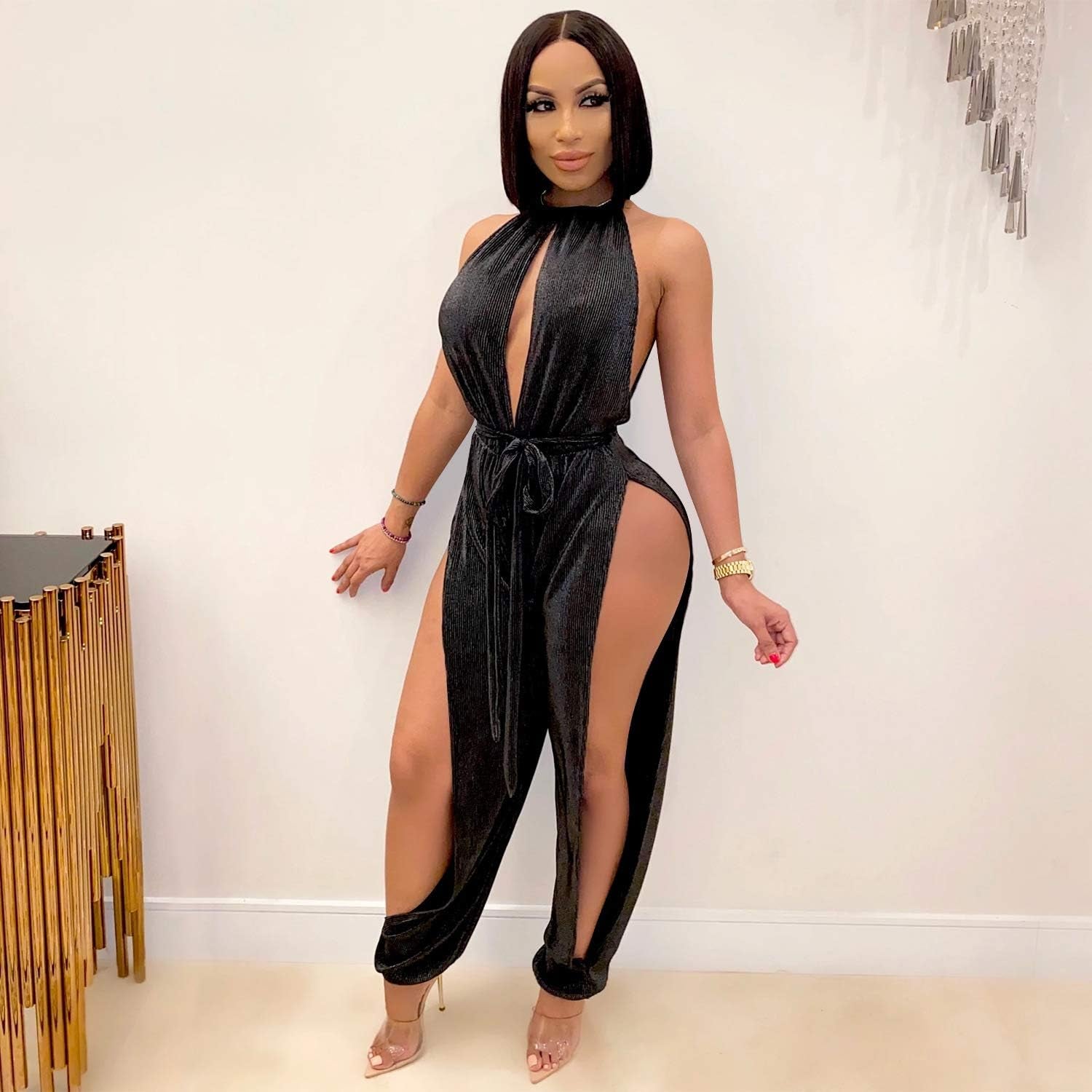 Jumpsuits for Women Sexy Clubwear - Sexy Jumpsuits for Women One Piece Women Halter Sleeveless Party Outfits Hight Split Pants Bandage Romper
