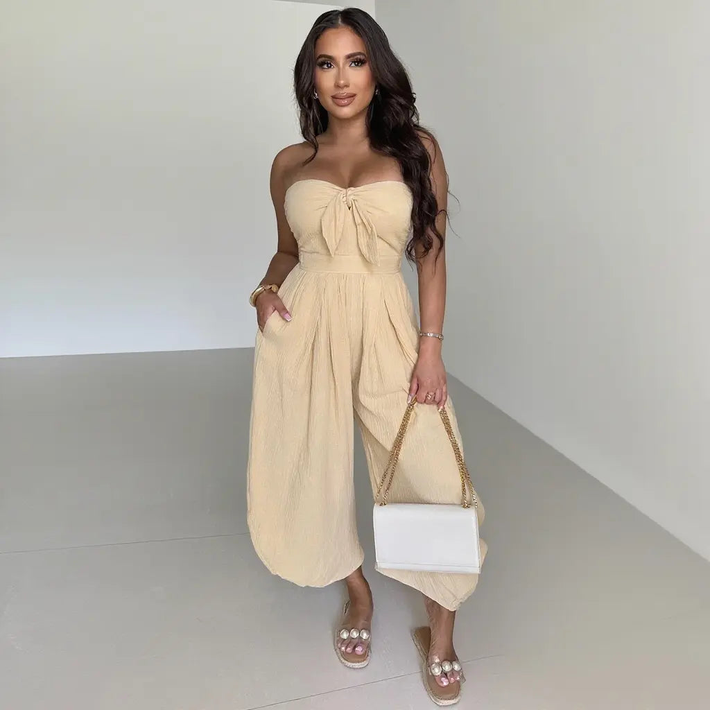 Echoine Strapless Tube Top Jumpsuit Women'S Backless Smocked Waist Harem Pants One Piece Overalls with Side Pockets Fashionable Summer Beach Wear Solid Color