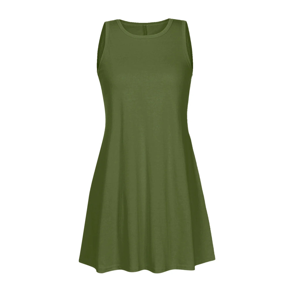 Fesfesfes Summer Dresses for Women round Neck Casual Mini Dress Solid Color Sleeveless Tank Dress Loose above Knee Sun Dress on Sale