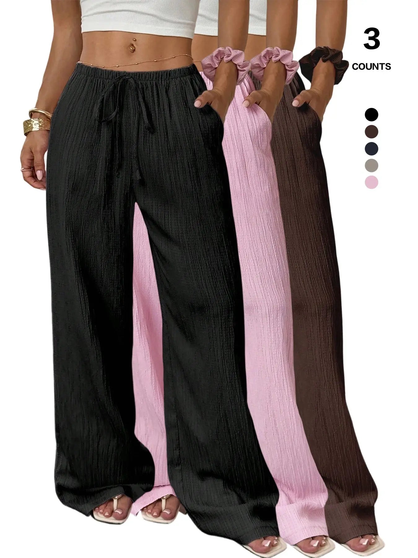 Women'S Wide Leg Pants, High Waisted Drawstring Palazzo Pants, Lightweight Textured Trousers with Pockets, Casual Lounge Beach Vacation