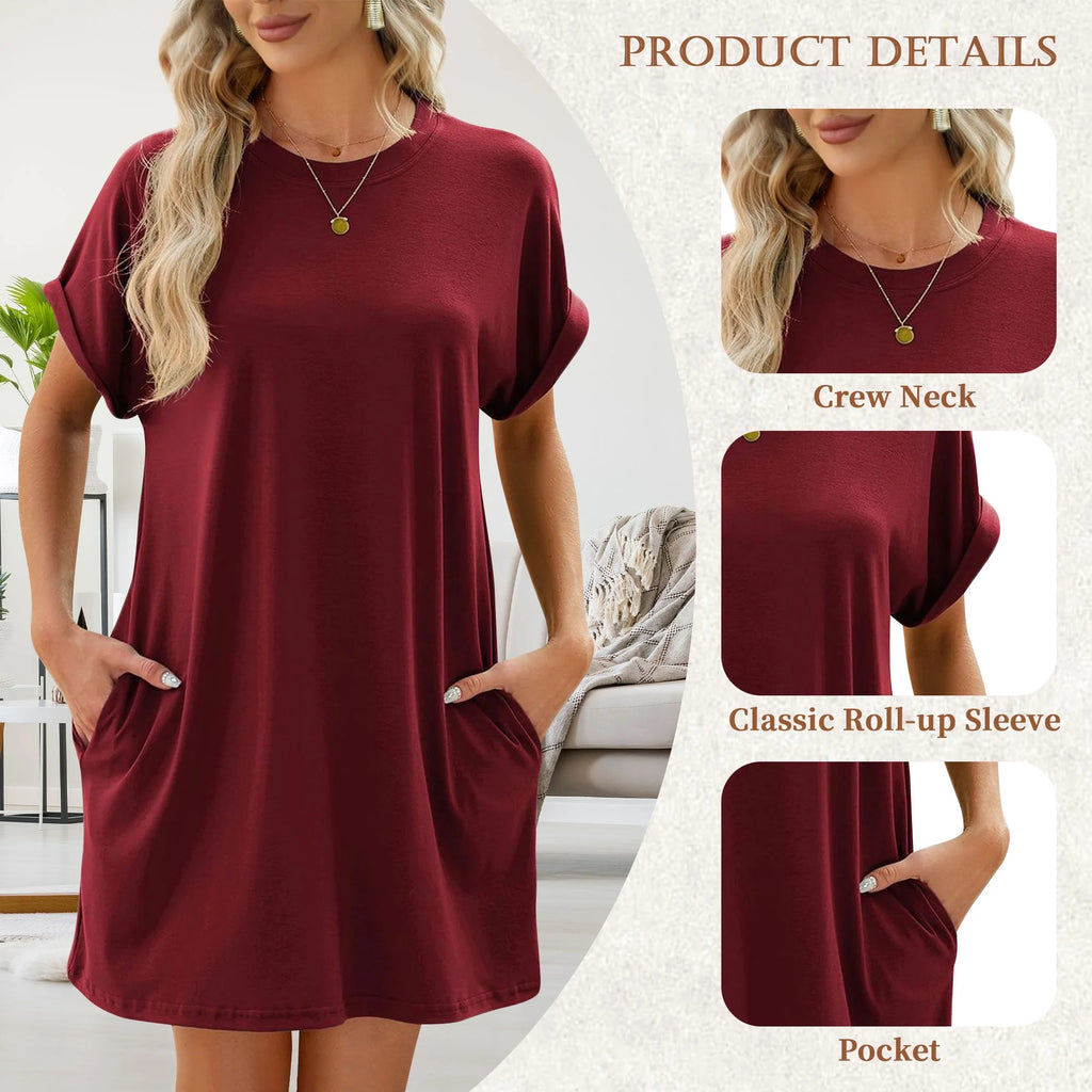Women'S Summer Casual T Shirt Dresses Short Sleeve Tunic Swing Dress Pockets Loose Fit Sundress Solid Color Winered Size M