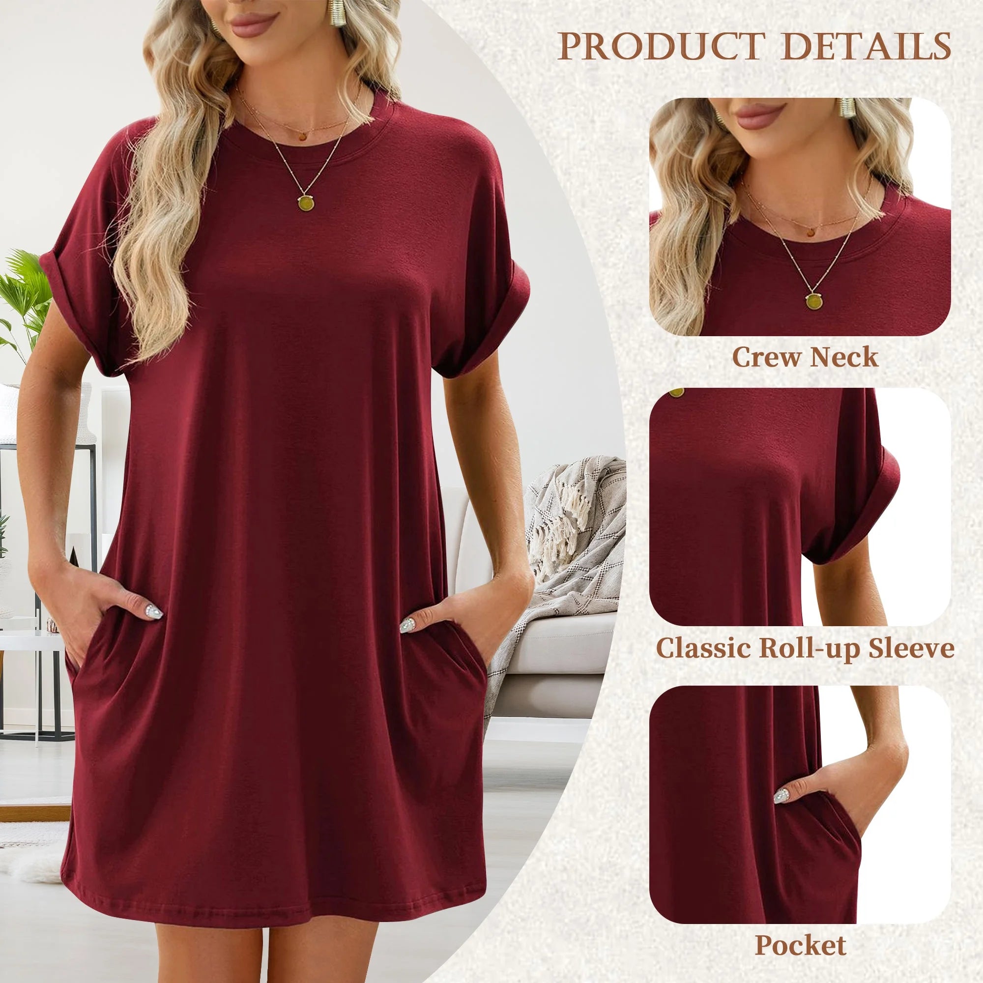 Women'S Summer Casual T Shirt Dresses Short Sleeve Tunic Swing Dress Pockets Loose Fit Sundress Solid Color Winered Size M