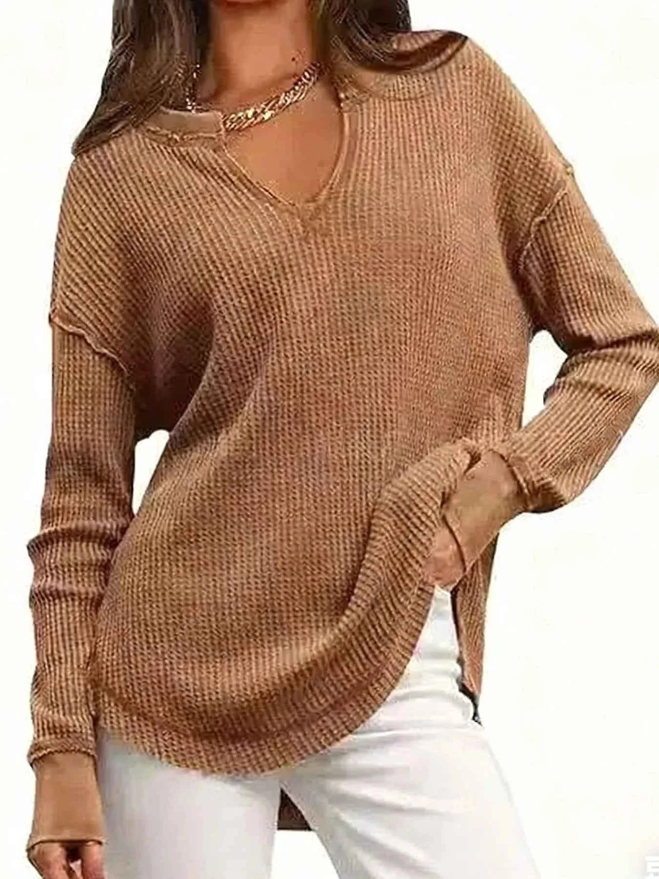 Slit Notched Long Sleeve T-Shirt