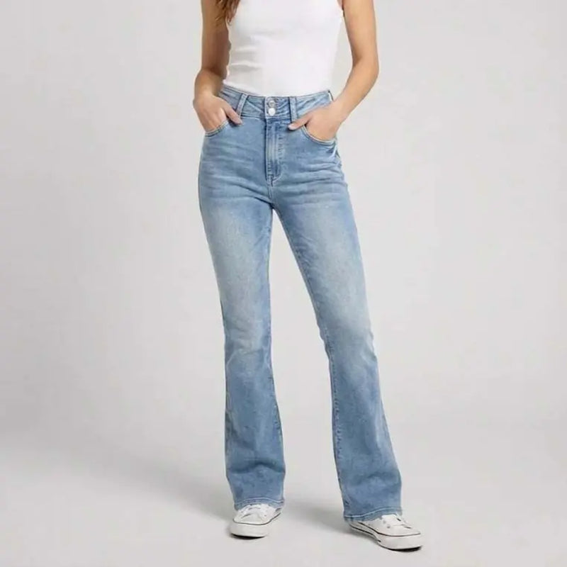 70562-Women'S High Rise Bootcut Jeans, Double-Button Denim Pants for Comfortable Style, Distressed Back Pocket Slim Fit