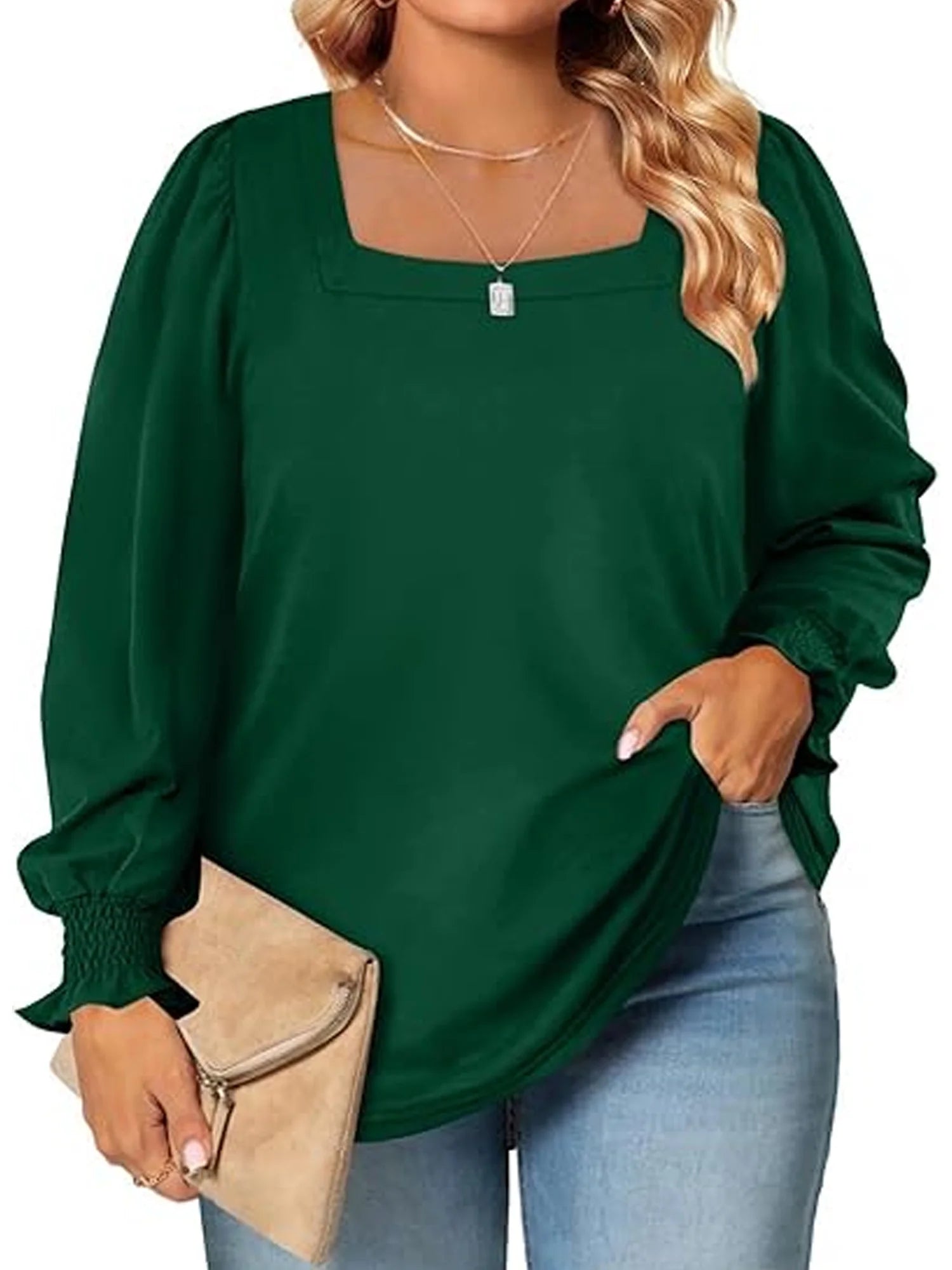 Womens plus Size Tops Casual Fall Square Neck Puff Sleeve Loose Fit Tee Long Sleeve Shirts for Women Oversized T Shirts 22 plus Size Green Tunic Tops