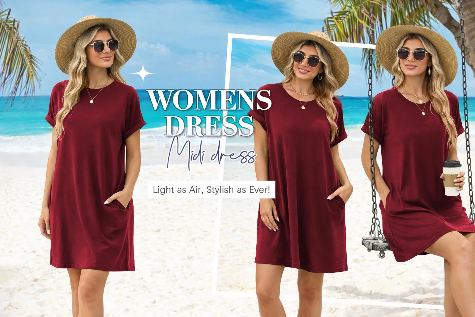 Women'S Summer Casual T Shirt Dresses Short Sleeve Tunic Swing Dress Pockets Loose Fit Sundress Solid Color Winered Size M