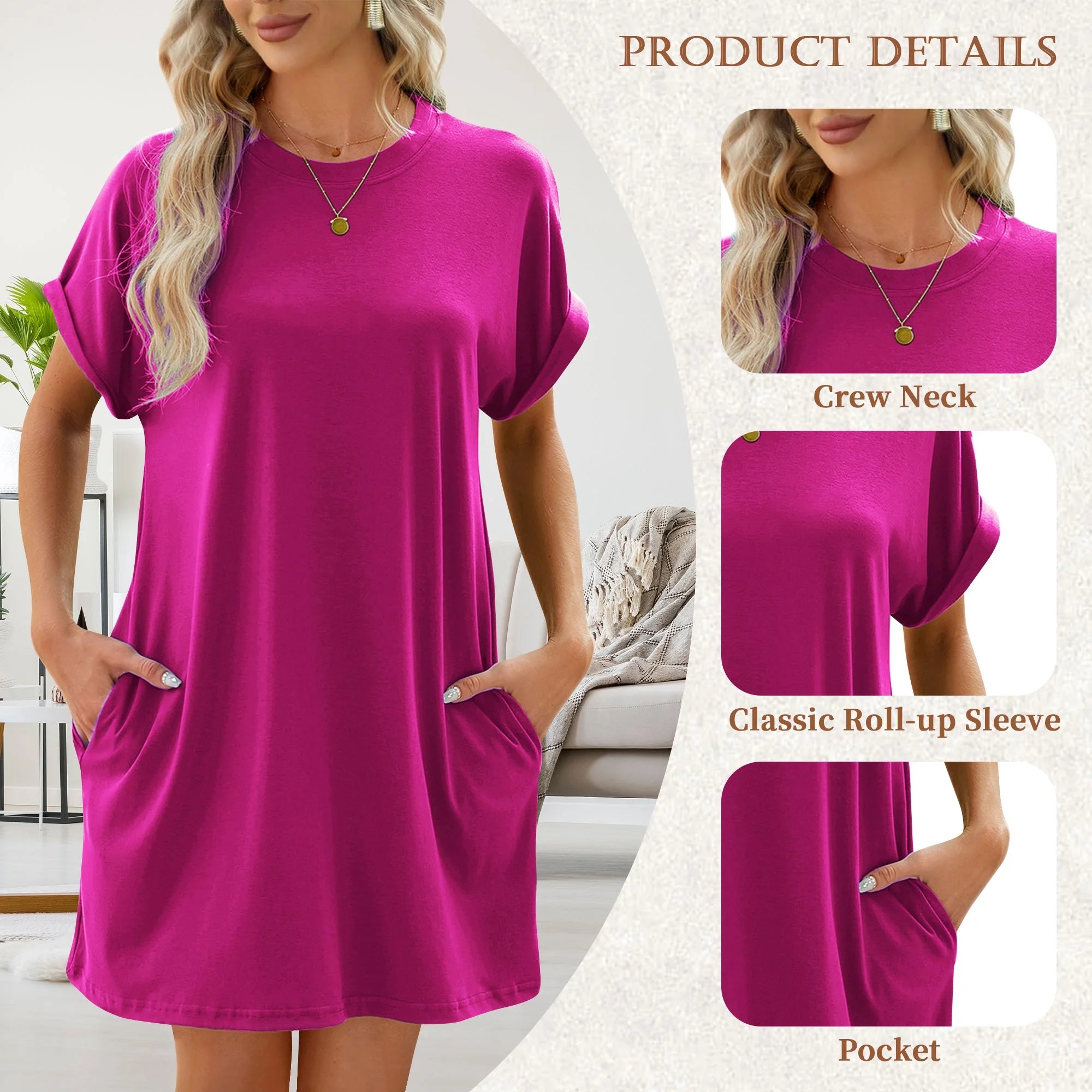 Womens T Shirt Dresses Short Sleeve Loose Tunic Tops with Pocket Casual Swing Basic Dress Dressy Fashion Womens Clothes Vacation Holiday Summer Sundress Solid Color Pink Size M