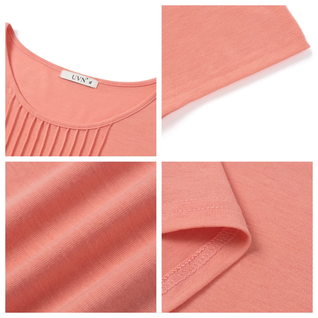 Women Summer Blouses 3/4 Sleeves Loose Fit Shirts Ladies Pleated Crew Neck Tunic Tops