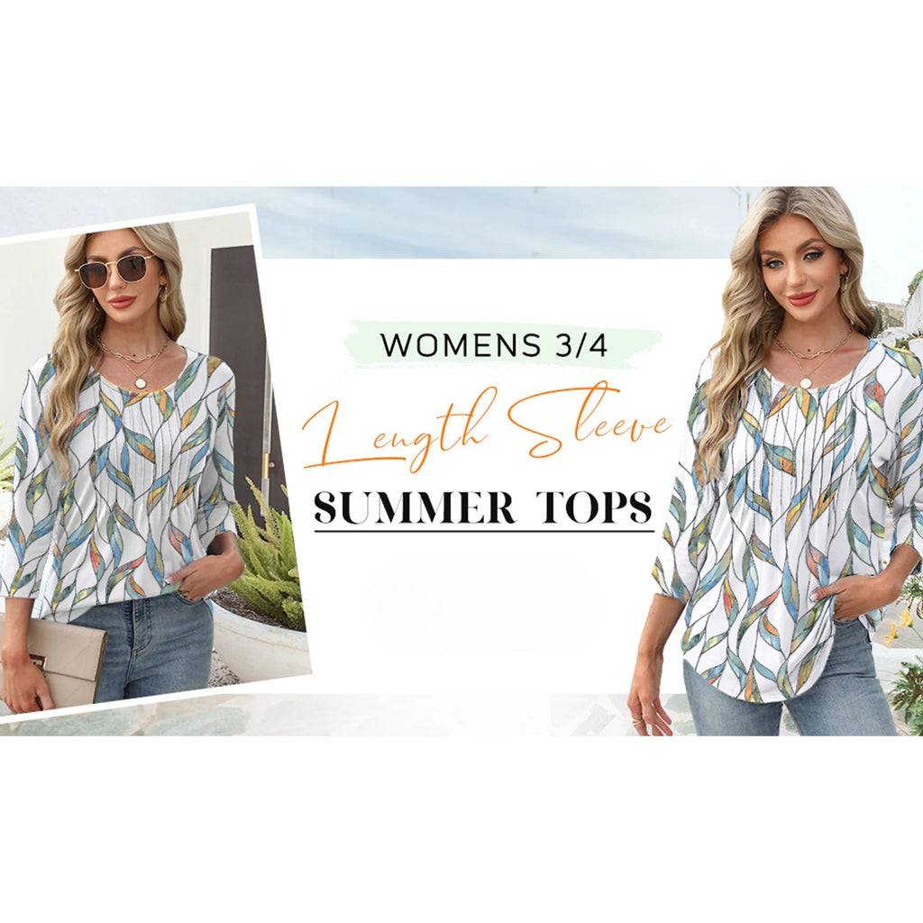 Women Summer Blouses 3/4 Sleeves Loose Fit Shirts Ladies Pleated Crew Neck Tunic Tops