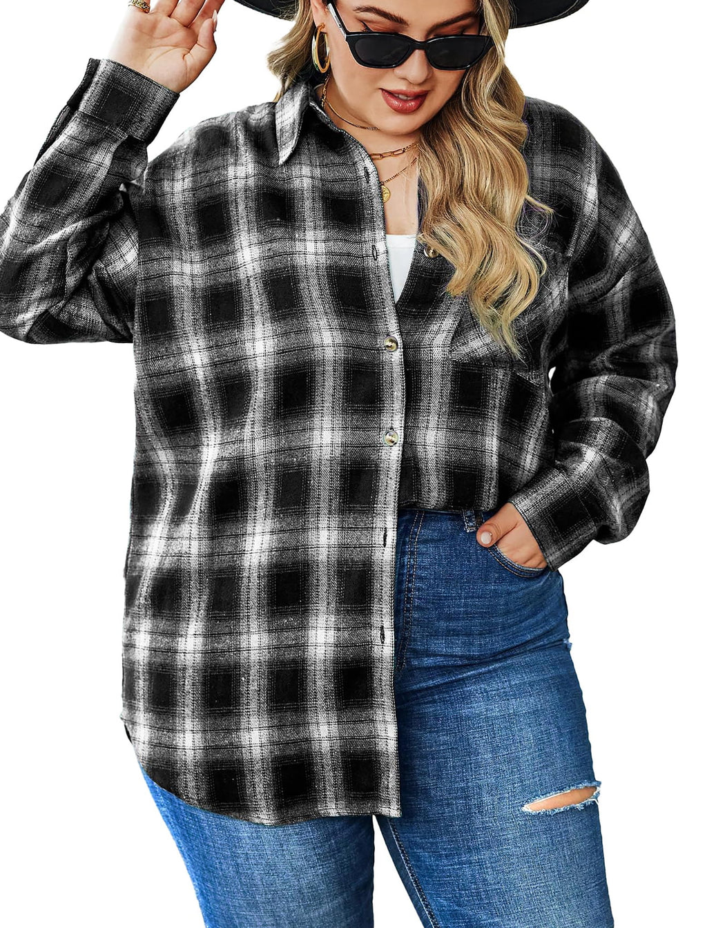 plus Size Flannel Plaid Shirts for Women Long Sleeve Button down Shirts Casual Loose Blouses Tops