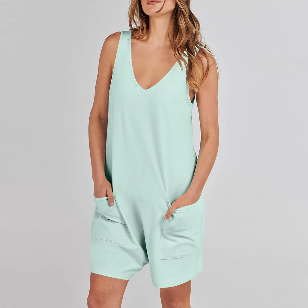 Summer 2025 Short Jumpsuits for Women Casual Rompers Sleeveless Loose Spaghetti Strap Shorts Overalls Jumpers with Pockets Light Blue,L